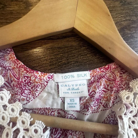 Calypso St Barth Target Women's 100% Silk Pink Red Floral Tunic Blouse XS 1135 - Picture 4 of 8